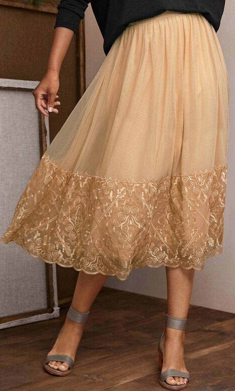 Garnet Hill Embroidered Tulle Midi Skirt Tan Beige Boho Elastic Waist Size M